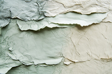 Poster - collage of torn paper with a green and white background. The paper is crumpled and torn, giving the impression of a chaotic and disorganized scene. Scene is one of disorder