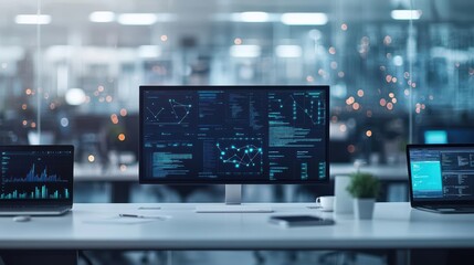 Fototapete - Three computer monitors displaying various graphs and data analysis on a modern desk setup