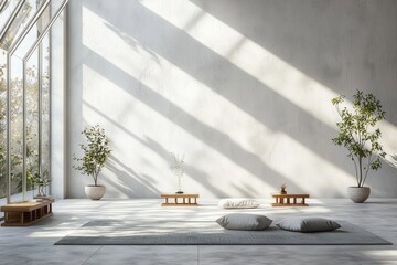 Poster - Serene and Minimalist Room with Natural Light and Greenery for Relaxation and Meditation Spaces