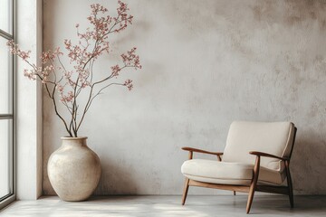 Poster - Modern Minimalist Living Room with Elegant Beige Chair and Decorative Flower Arrangement