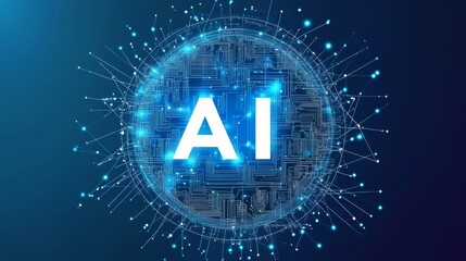 Abstract concept of AI computing, AI circle working with artificial intelligence data, futuristic digital technology on a dark blue background, symbolizing advanced AI systems and future tech.