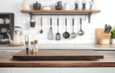 Wall Mural - Wooden board, spices, kitchen, countertop, background, cooking, food, display