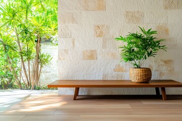 Aufkleber - Minimalist Interior with Wooden Bench and Potted Plant Against Natural Stone Wall