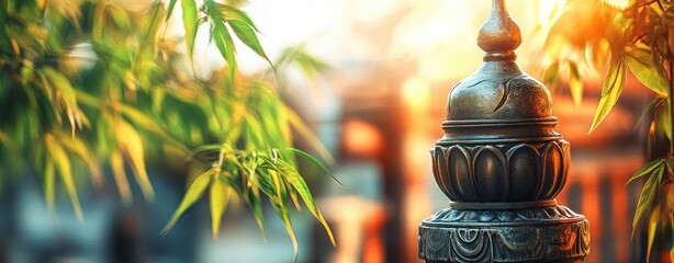 Poster - Peaceful Outdoor Scene with Decorative Element Surrounded by Lush Greenery and Warm Light