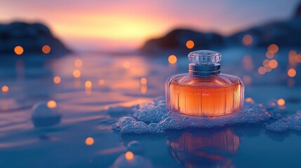 Wall Mural - Amber perfume bottle on seafoam, sunset background.  Possible use advertising