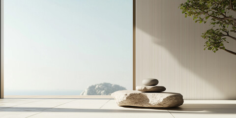Poster - minimalist room with natural light and zen stone arrangement