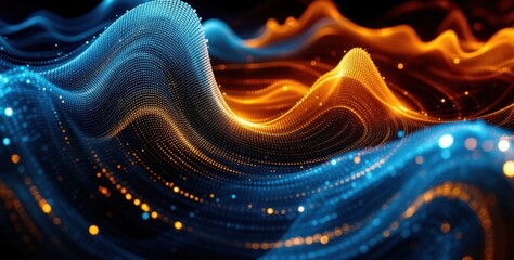 Poster - Abstract waves of glowing particles in blue and orange light