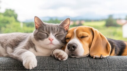 Sticker - Snuggly Cat and Dog Friendship Moment Concept. Cute cat and dog sleeping together on a couch by the window