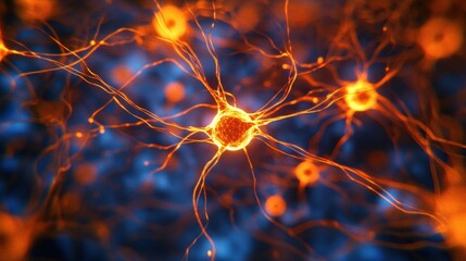 Poster - Glowing neural network connections in vibrant orange and blue