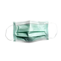 Aufkleber - realistic high-quality isolated object of a surgical mask made from non-woven fabric, three-layer protection with elastic ear loops, disposable medical face covering, on a white background, no object