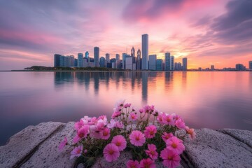 Aufkleber - Flower resting on rocks with a city skyline in the background during daylight