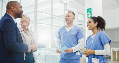 Poster - Collaboration, healthcare and laughing with hospital manager speaking to staff for medical planning. Administration, management and meeting with medicine professional talking to team in clinic