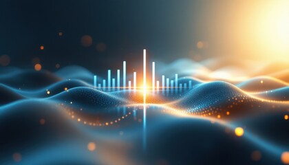 Poster - Vibrant soundwaves over digital landscape with glowing light and graph bars