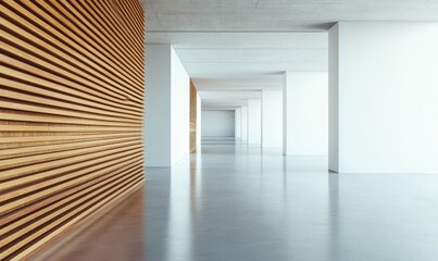 Wall Mural - Modern office hallway, wood wall, light, spacious, design, architecture, background, perspective, interior, real estate