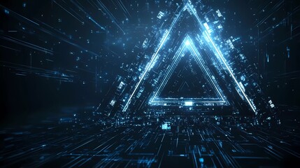 Poster - Vector illustration of a futuristic, glowing triangle with a glitch effect on a dark background
