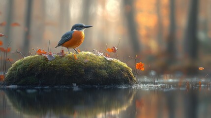 Poster - Autumnal Kingfisher Perched on Mossy Isle in Forest Pond