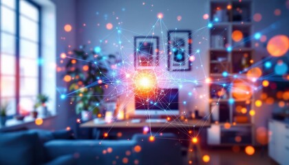 Fototapete - Futuristic digital network overlay in modern home office setting
