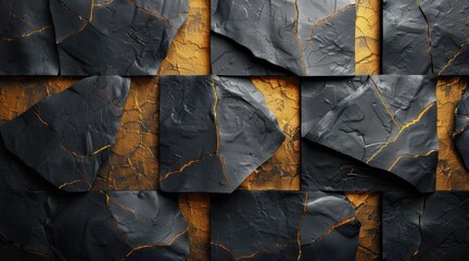 Poster - Textured black stone tiles with gold cracks on earthy background