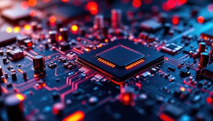 Poster - Close-up of illuminated microchip on electronic circuit board with neon lights