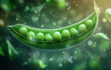 Wall Mural - Floating green pea pod opening to reveal bright peas inside