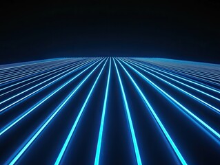 Fototapete - Blue neon lines converging, dark background, futuristic road, digital art, website banner