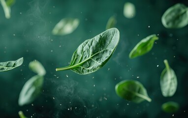 Wall Mural - Hovering spinach leaf twisting gently in mid-air