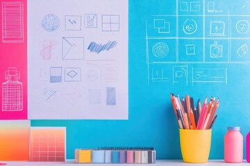 Poster - Desk with whiteboard pencil and markers for creative brainstorming and note-taking activities