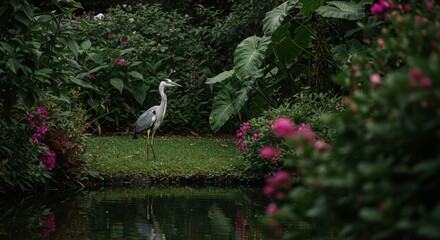 Wall Mural - Heron stands amidst lush greenery by a pond with vibrant pink flowers