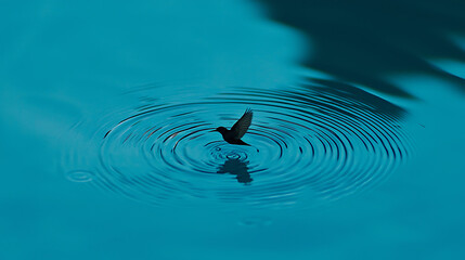 Wall Mural - Hummingbird dips in blue water, creating ripples; serene nature scene