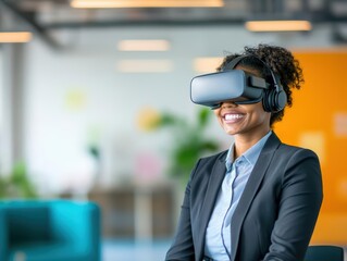 Poster - Woman engaged in virtual reality experience with headset in modern indoor setting
