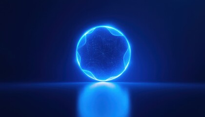 Poster - Glowing blue sphere with network pattern on reflective surface