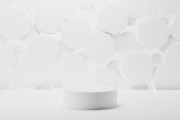 Poster - white round podium on abstract stage mockup, soft light shining flying circles decor. template 3d il