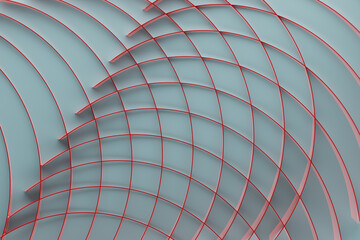 Poster - modern energy abstract background with thin red curved lines, crossing, grid on light blue color. 3d