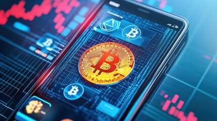 Poster - Smartphone displaying a bitcoin coin on its screen with a modern workspace in the background