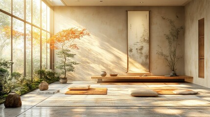 Wall Mural - Serene sunlit zen room, minimalist design, peaceful atmosphere.