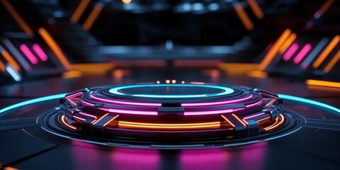 Poster - Futuristic neonlit stage design virtual space digital art vibrant environment 360-degree view modern aesthetics