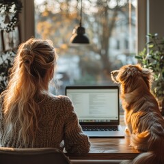 Poster - A Cozy Home Office Scene: Woman Working on Laptop with Golden Dog Companion, Bathed in Natural Light, Window View