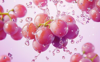 Wall Mural - A bunch of grapes flipping in motion with light reflections and shadows adding depth, pastel violet background