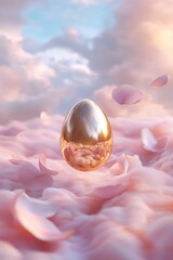 Poster - A radiant golden egg hovers gently in a soft, pastel-colored sky adorned with floating petals, embodying themes of hope, renewal, and divine mystery in a serene atmosphere