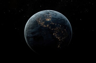 earth seen from space, night, city lights, star-filled backdrop