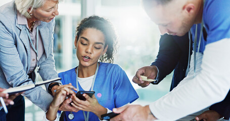 Poster - Woman, nurse and multitasking with phone or medical team for pressure, chaos or deadline at busy hospital. Female person, healthcare employee or demanding colleagues with workload or tasks at clinic