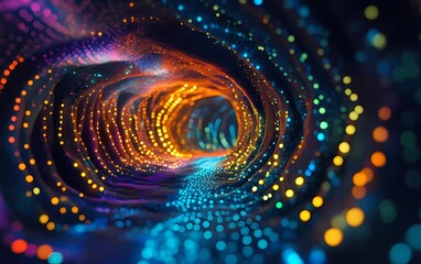 Poster - 3D render of an abstract background with colorful lights and glowing rays on a dark black background, resembling a tunnel or space flight in virtual reality.