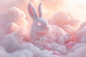 Sticker - A giant translucent Easter bunny emanates a gentle glow in a foggy dreamscape. Surrounding it are tiny pastel eggs drifting softly through an ethereal atmosphere