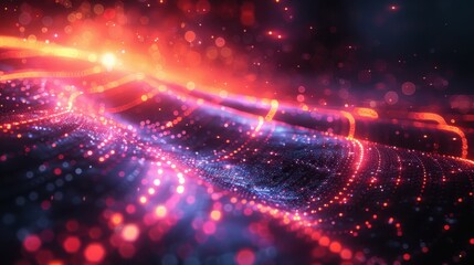 Poster - Abstract futuristic digital landscape with vibrant glowing lights and dynamic wave patterns