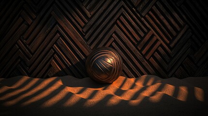 Poster - Metallic Sphere Rests on Sand Before Wooden Wall