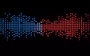 Poster - A vector graphic of sound waves made from red and blue dots, symbolizing music or audio waveforms on a black background. The design is simple yet elegant