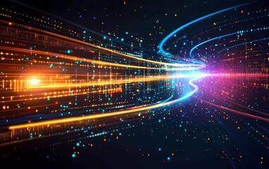 Poster - Abstract background with colorful light streaks and futuristic lights in the dark space, glowing neon lines, and pixelated shapes on a black backdrop