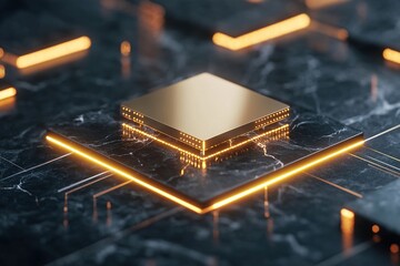 Poster - A geometrically perfect golden AI algorithm floats dynamically over a high-tech digital trading floor