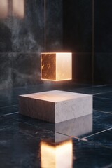Poster - A glowing golden AI algorithm hovers above a modern digital trading floor, showcasing high-end black marble surfaces illuminated by ambient holographic light
