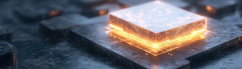 Poster - A glowing golden AI algorithm hovers above a digital trading floor, showcasing geometric perfection. Holographic lights dance across elegant black marble surfaces, enhancing the futuristic atmosphere
